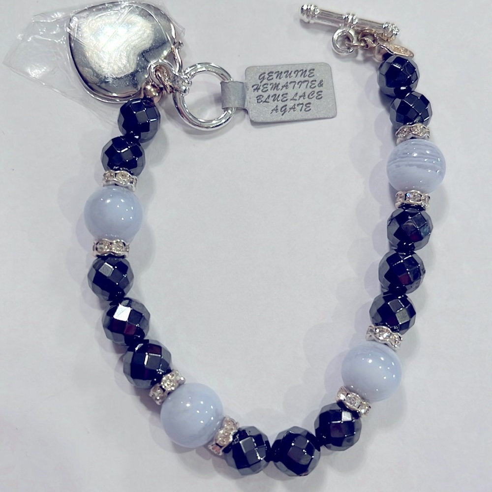 Genuine hematite and blue lace agate bracelet with heart clasp
